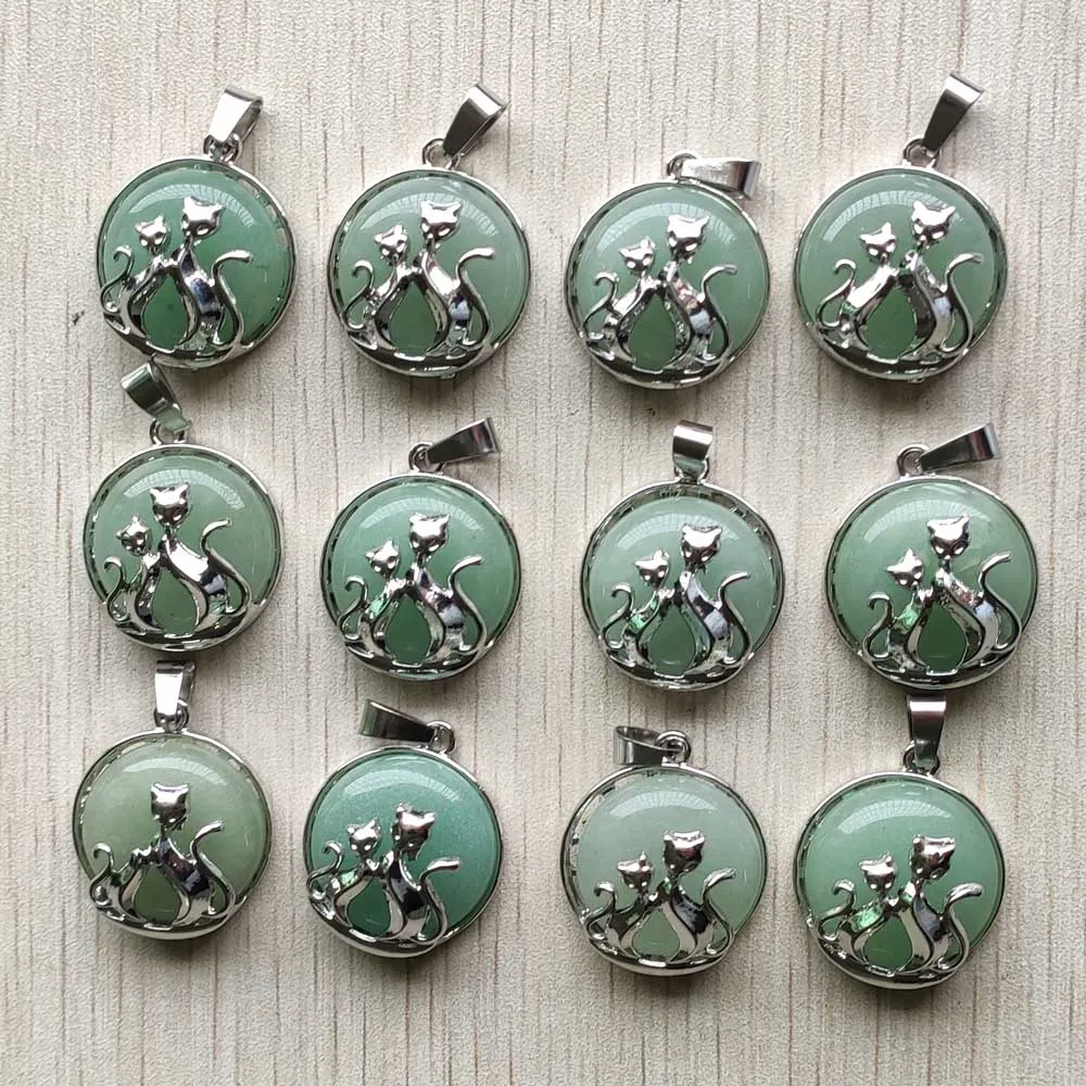 

Wholesale 12pcs/lot new fashion natural green aventurine fox alloy round pendants for jewelry accessories marking free shipping