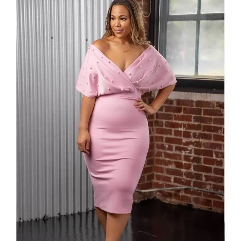 

Женское однотонное офисное платье с V-образным вырезом и сумочкой