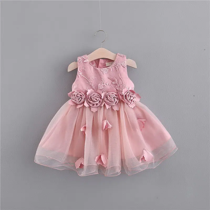 

Baby Girls Dress Embroidery Lace Flower Bow Solid Sleeveless Princess Wedding Children Wear 1 Year Birthday Kids Clothing