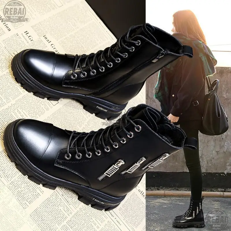 

Женские кожаные ботинки на толстой подошве, Белые Повседневные водонепроницаемые ботинки с плюшевой подкладкой, 2021