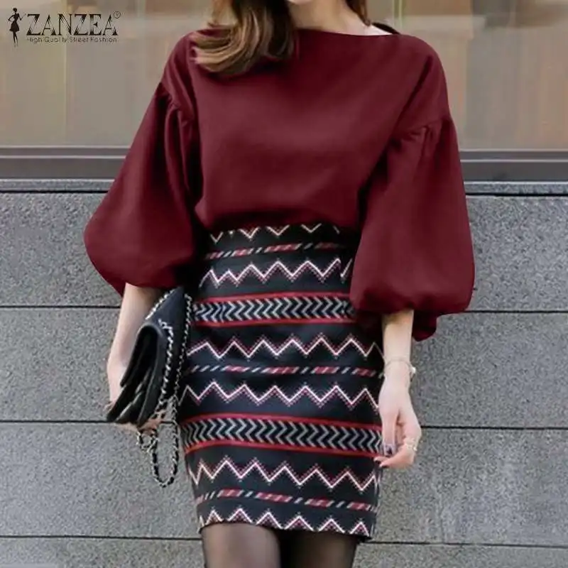 

Осенняя Офисная Женская блузка ZANZEA большого размера 2022, элегантный топ, Женская Повседневная однотонная туника с пышными рукавами, женская ...