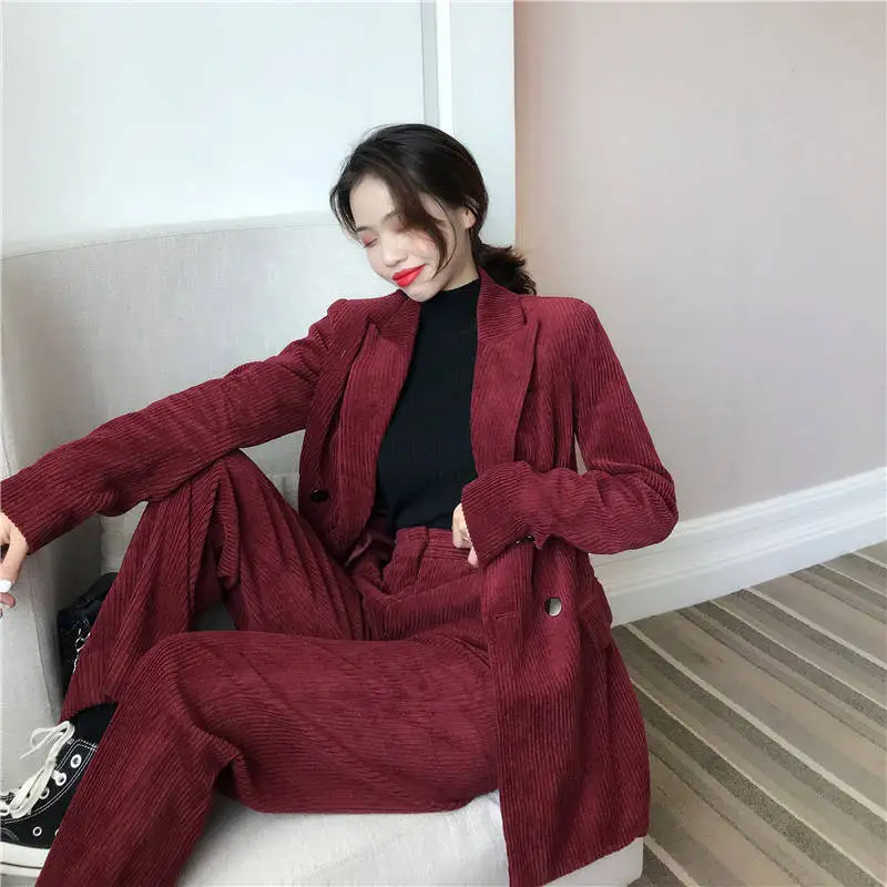 

Bella Philosophy 2019 Autumn Solid Women Elegant Corduroy Blazer OL Notch Collar Jacket Female Wine Red Double Breasted Coats