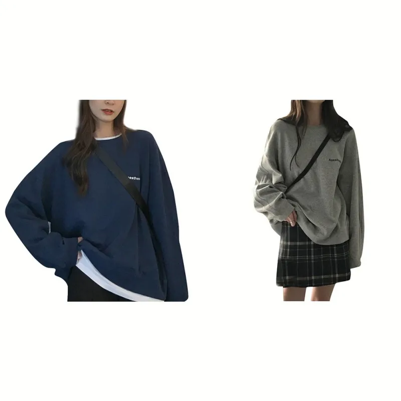 

Early Autumn Women Loose Pullover Solid Color Round Neck Long Sleeve Clothes Letter Sweatshirts Korean Young Style 2021 Fashion