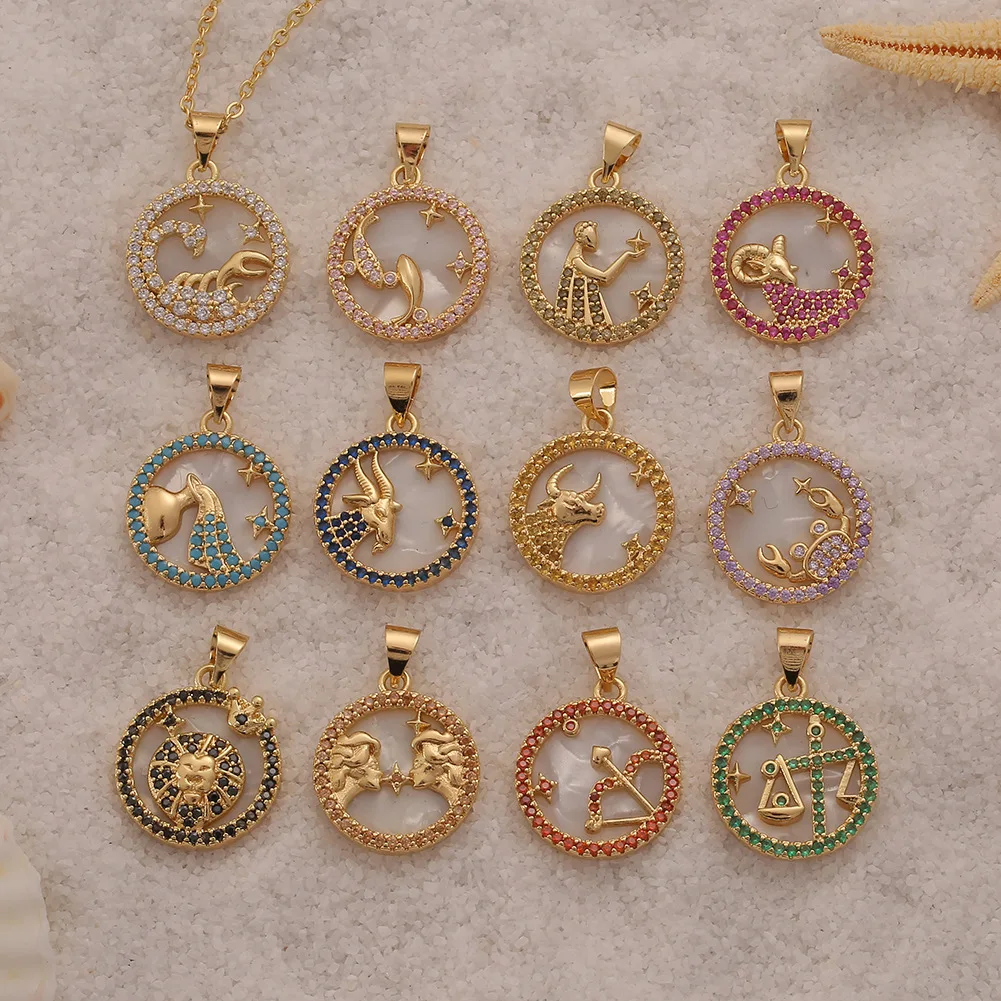 

12 zodiac necklace, geometric round mother-of-pearl pendant, golden chain, unisex friendship commemorative jewelry цепочка colar