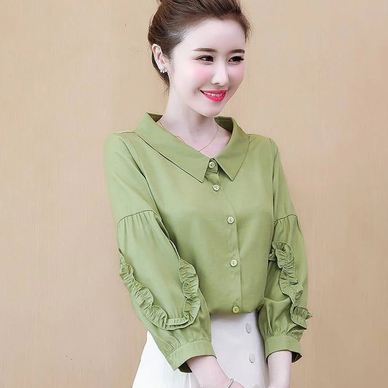 

Women's Spring Autumn Style Blouse Shirt Women's Solid Color Peter Pan Collar Puff Sleeve Ruffles Button Casual Tops SP1058