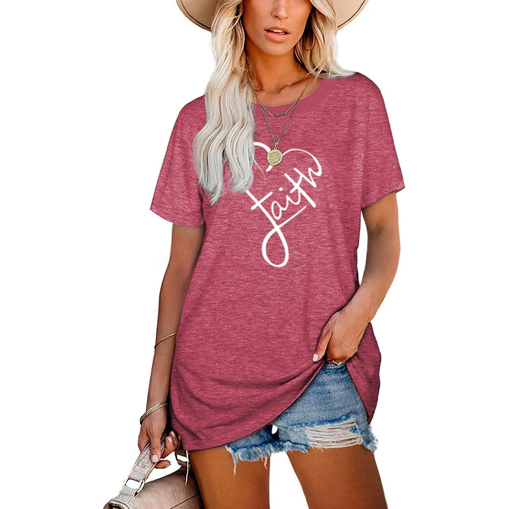 

Female Comfortable Trend Faith Letter Print Korean Simple Style Short Sleeve Crew Neck Casual Fashion Creative Funny Tops Summer