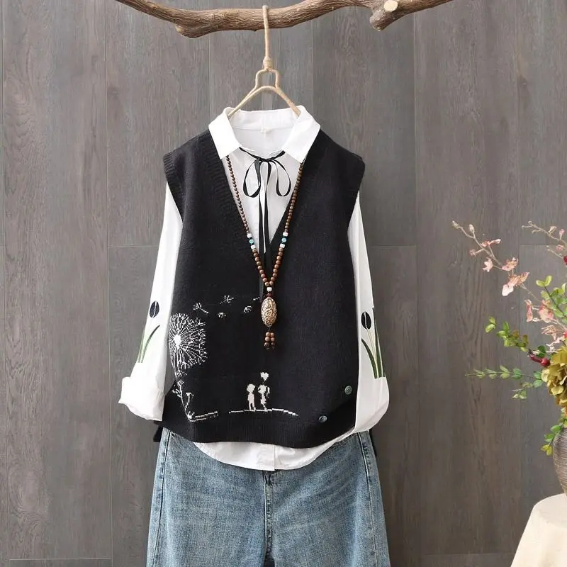 

Autumn new V-neck knitted waistcoat women's literature and art leisure loose sleeveless sweater jacket