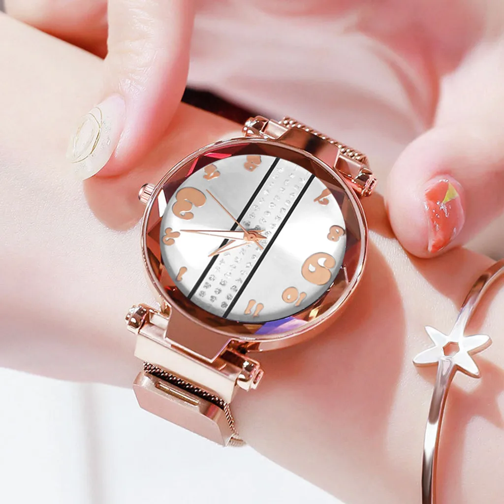 Модные женские часы с магнитной пряжкой и мозаичным алмазным сетчатым ремешком