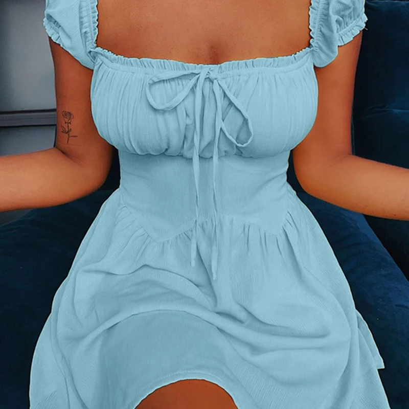 

Fashion Casual Women Square Neck Tie Detail Mini Dress Gathered Bust Fitted Plus Size Bodice Plus Size Neckline Dresses Summer