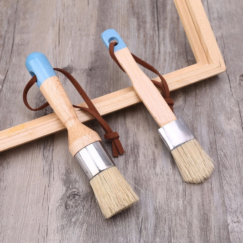 

2 Pcs Round and Flat Chalk Paint Wax Brush Ergonomic Wood Handle Bristle Brush