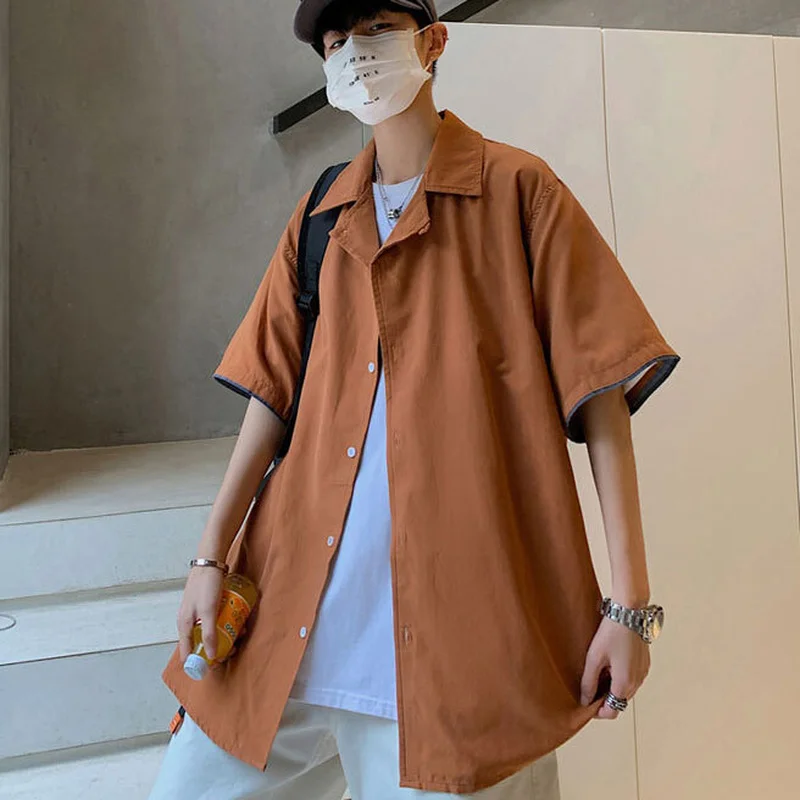 

Plus Size M-5XL Men Shirts Oversize Leisure Mens Short Sleeve Solid Shirt Janpanese Style Harajuku Button-up Ulzzang Chic Tops