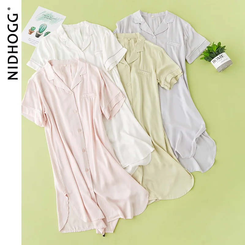 2020 Летняя женская Однотонная ночная рубашка короткое вискозное атласное женское