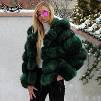 2022 fashion green genuine hooded fox fur coat for women full pelt thick warm real fox fur jacket women winter outwear luxury