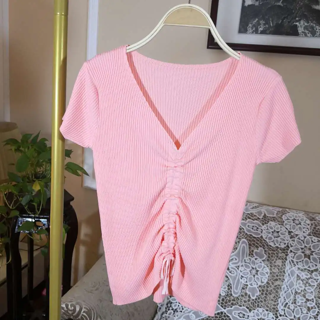 

Sexy V Neck Lace Up Knitted Sweaters Summer Short Sleeve Slim Knittwear Pullover Tops WDC4621