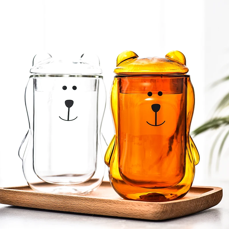

Creative Heat-resistant Double Borosilicate Glass Cup Transparent Insulated Water/Tea/Milk Cup with Bear Ear Round Lid
