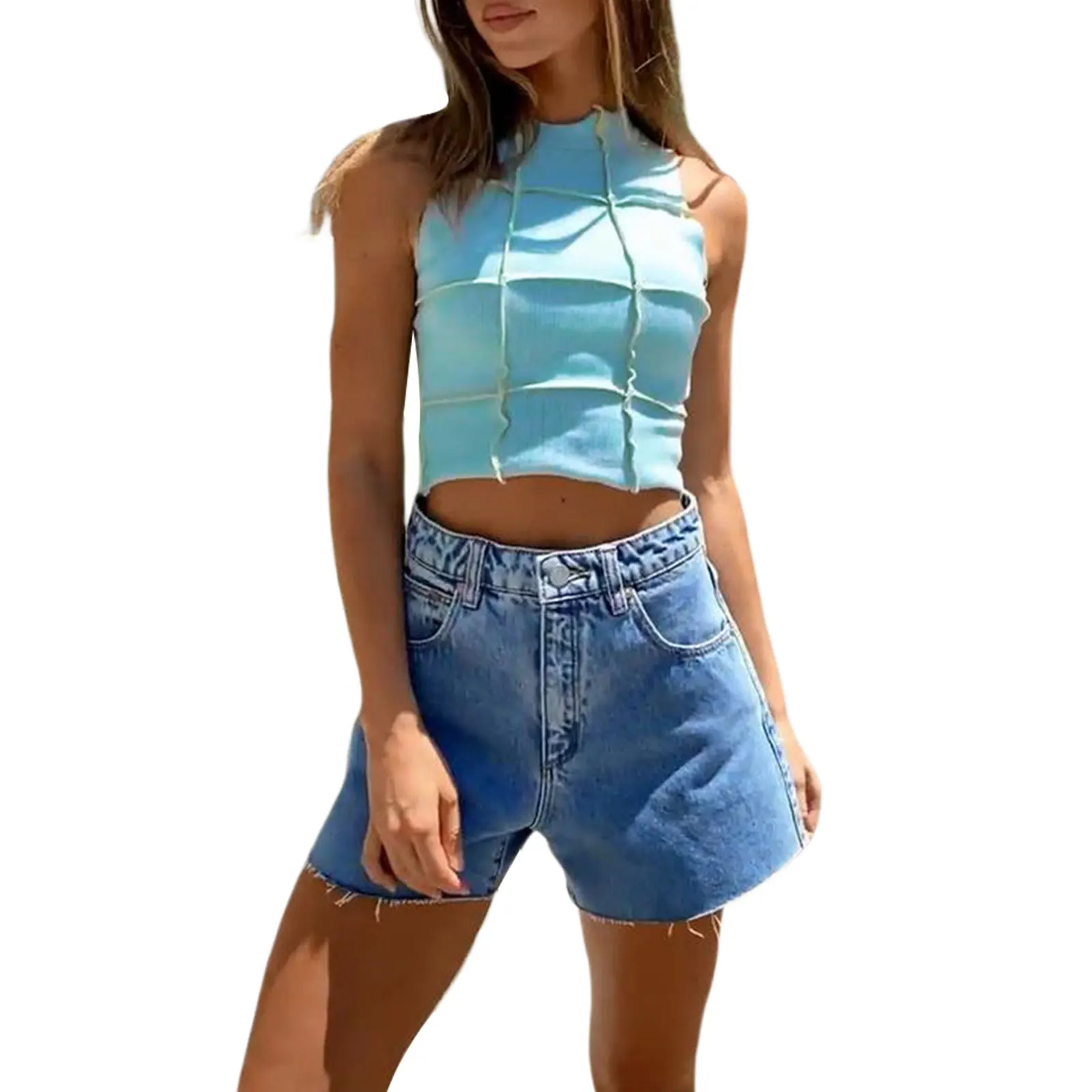 

Women's Crew Neck Tank Tops, Summer Sleeveless Color Block Patchwork Stitch Crop Tops