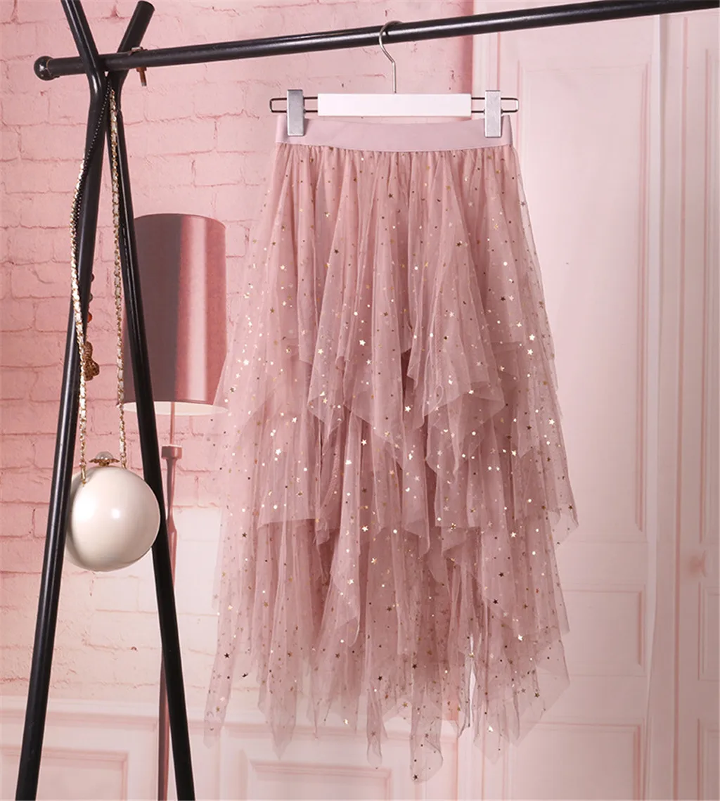 & 35 Женская длинная Тюлевая юбка с высокой талией плиссированная блестящая