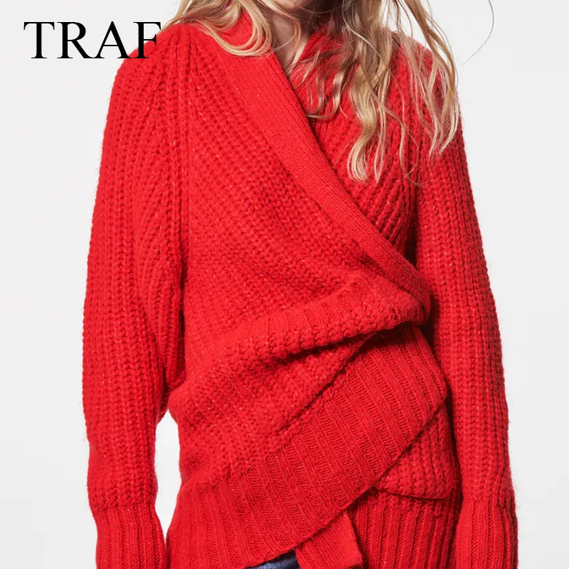 

TRAF ZA 2021 Cardigan For Women Long Sleeve Solid Loose Women's Coat Fashion Warm Knitted Top Female Scarf Collar Red Sweater
