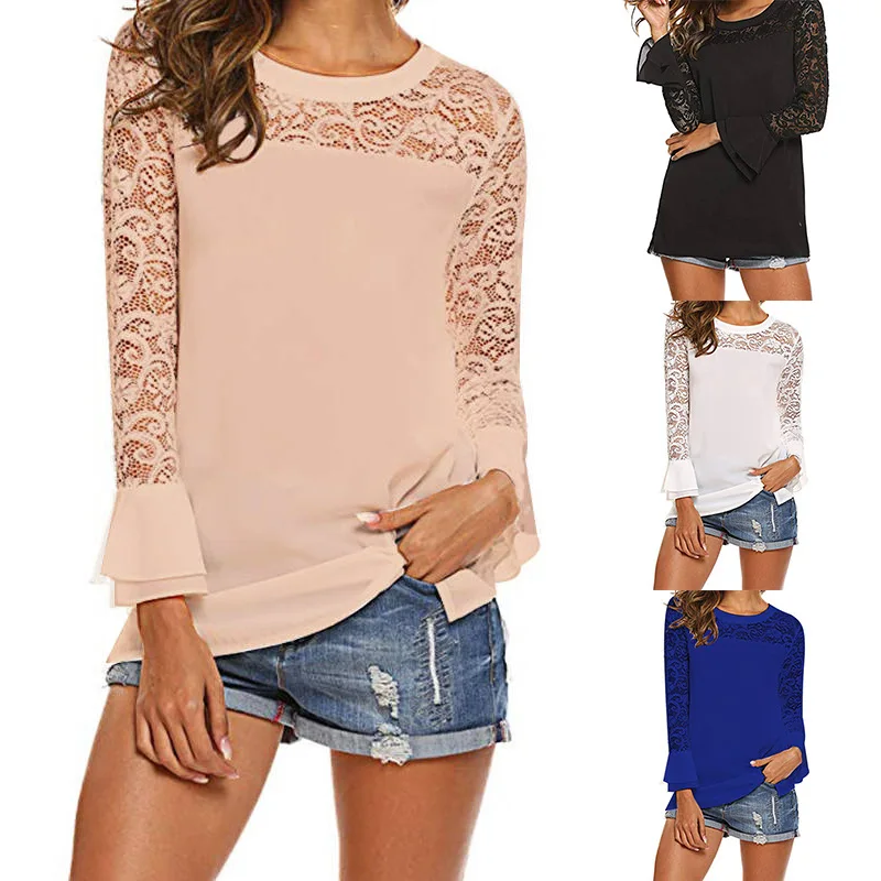 

2020 Elegant Slim Lace Women Shirt Sexy Long Sleeve Womens Tops and Blouses O-Neck Casual Blusas Mujer De Moda Women Blouses