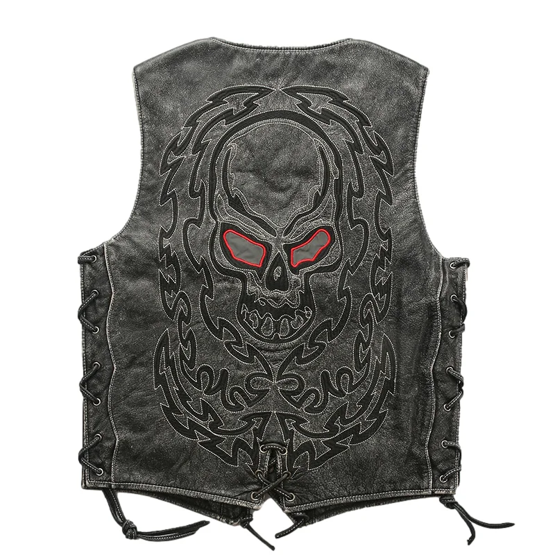 

2022 Vintage Black Skulls Embroidery Leather Vest Men Motorcycle Style Plus Size 5XL Genuine Natural Cowhide Slim Fit Short Coat
