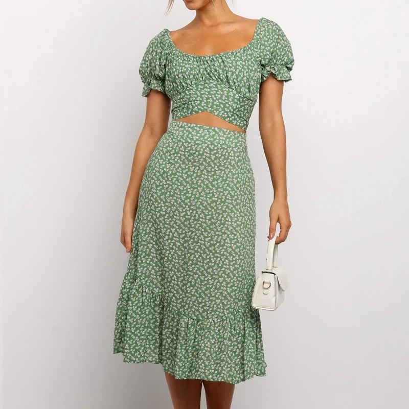 

ZOGAA Vestidos Vintage Ruffles Print Puff Sleeve 2021 Beach Sweet Dresses Casual Square Collar Floral Maxi Long Dress Two Piece