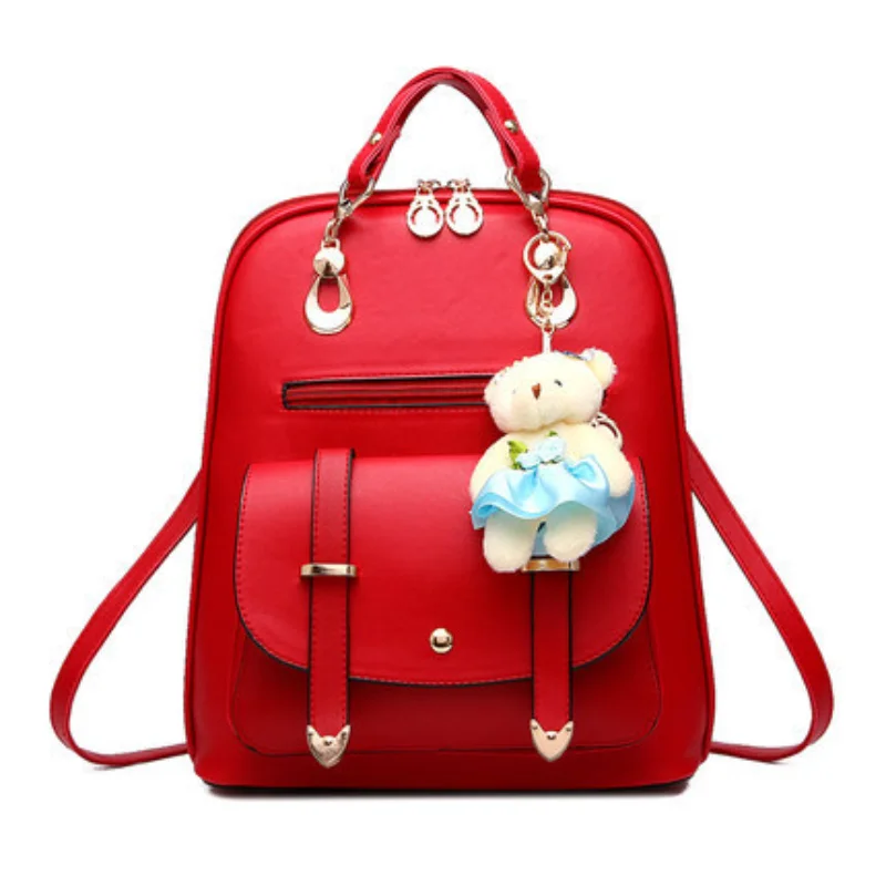 

Various Colors PU Leather Bear Pendant New Women Backpack Solid Color Girls Fashion Cartoon Cute Backpack with Bear Pendant
