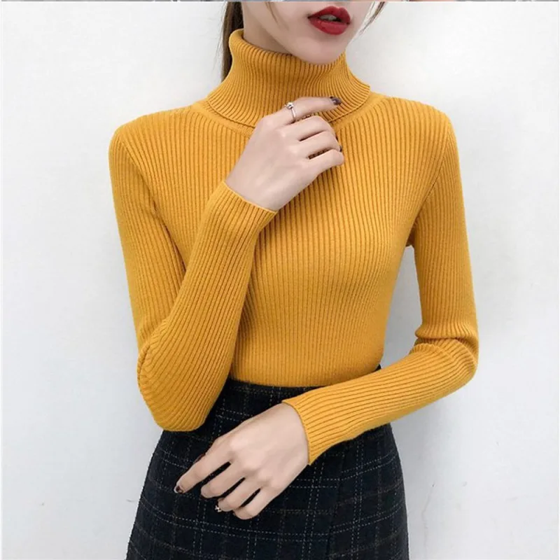 

2021 New Winter Knitted Jumper Turtleneck Tops Pullovers Casual Sweaters Women Shirt Long Sleeve Tight Sweater Girls Korean