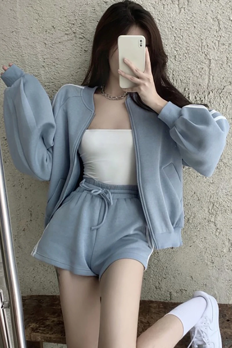 

Autumn Winter Suit Women 2020 New Long Sleeve Cardigan Coat High Waist Stripe Wide Leg Shorts Fashion Two Piece Suit