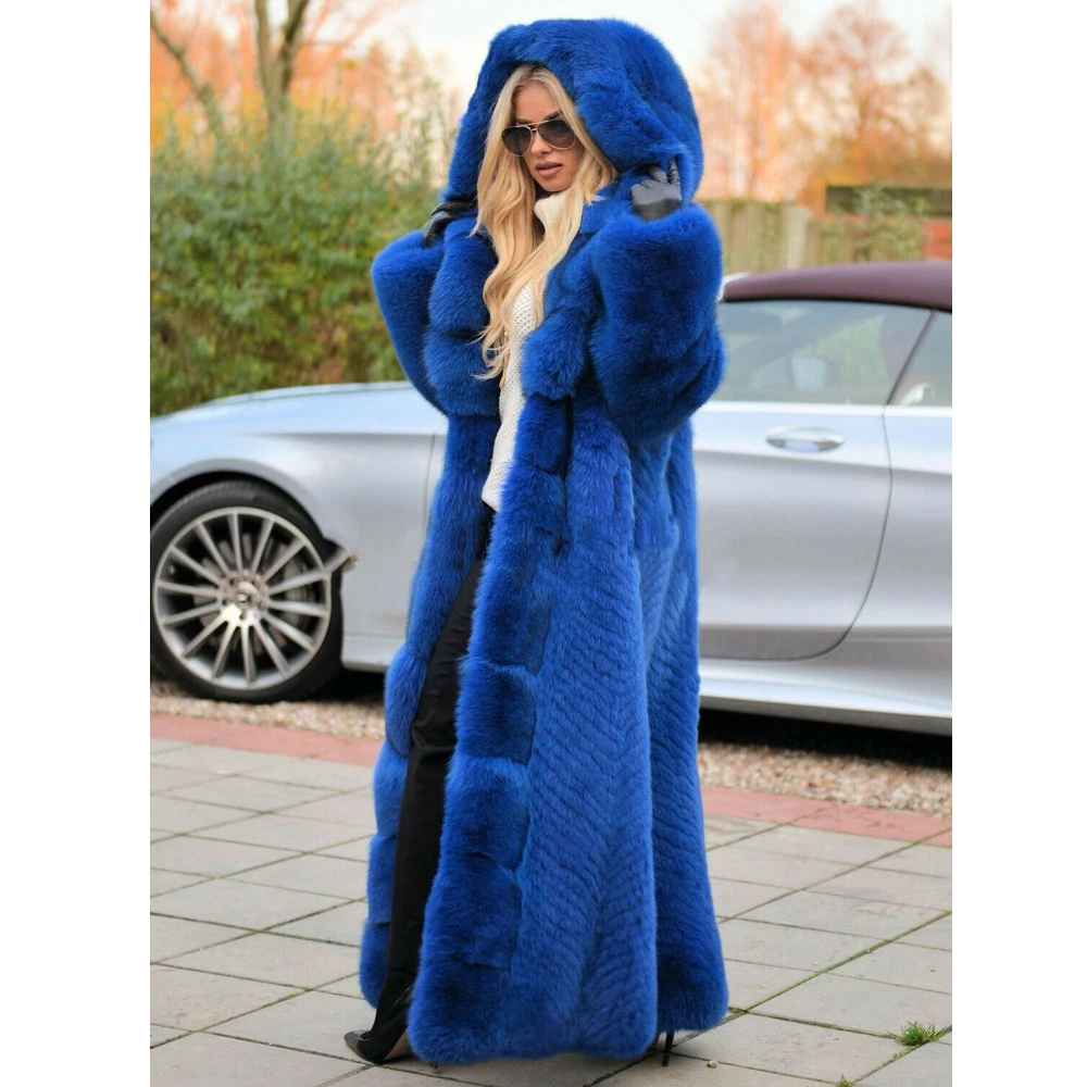 Королевское синее длинное пальто с лисьим мехом, настоящая женская зимняя коллекция 2022, Новое высококачественное пальто из цельного натура...