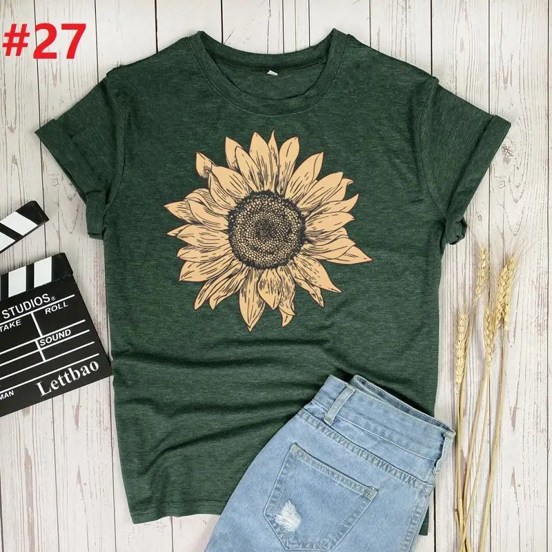 

Милая женская футболка в стиле Харадзюку с цветочным принтом подсолнуха, футболка с принтом сердца, женские топы с коротким рукавом, футбол...