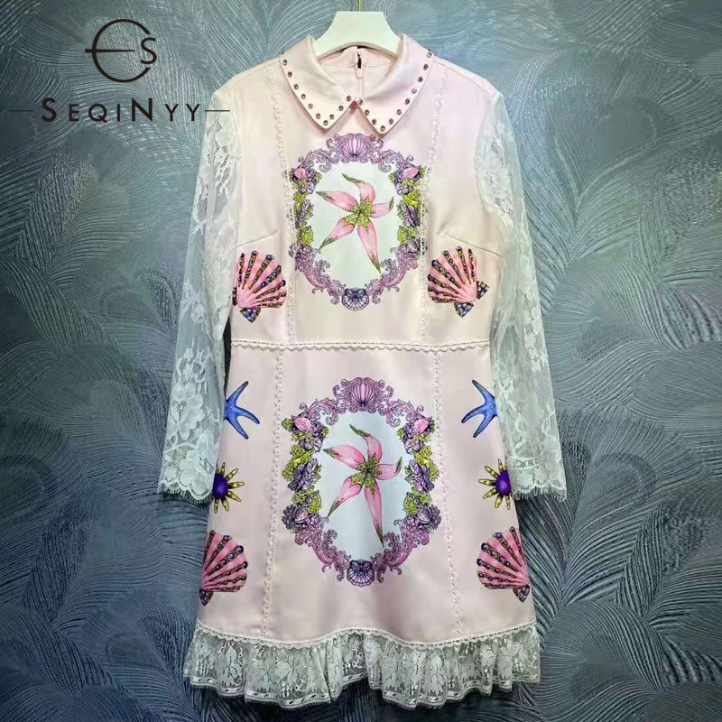 

SEQINYY Pink Mini Dress Summer Spring New Fashion Design Women Runway High Quality Crystal White Lace Starfish Flowers Print