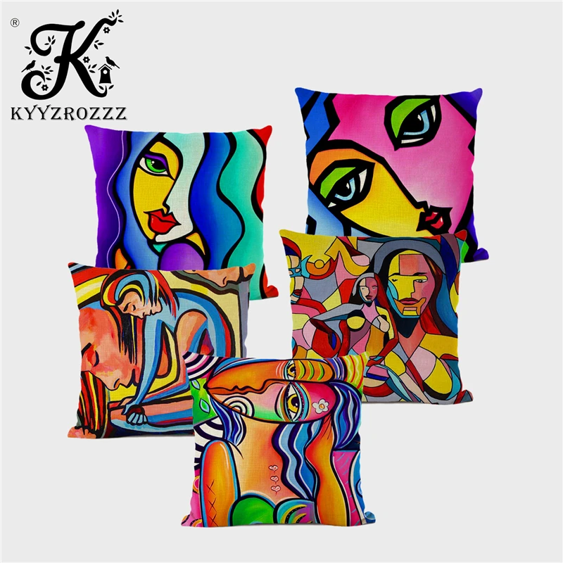 

Art Abstract Oil Painting Cushion Set European Retro Style Printing Home Decor Linen Pillowcase Cojines Decorativos Para Sof