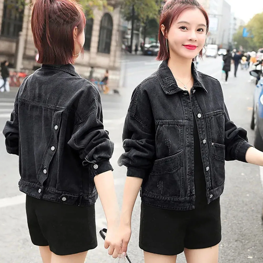 

Women's Jacket Large Size 3XL Spring Autumn New Denim Jacket Coat Short Loose Beading Embroidery Printing Denim Outwear