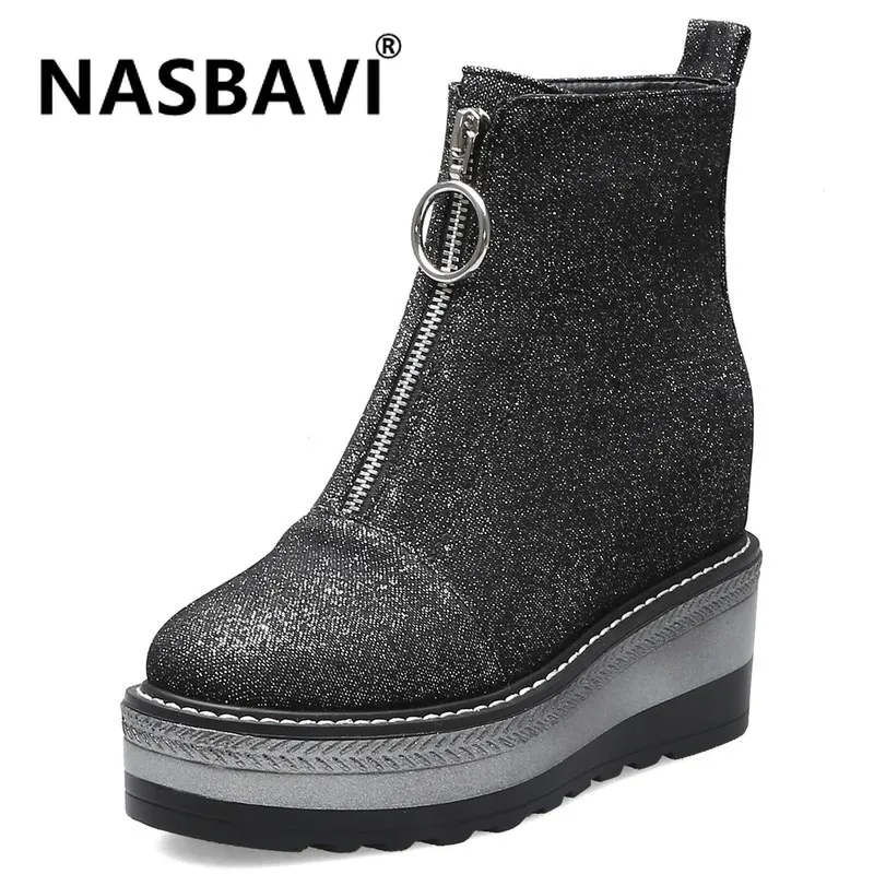 

NASBAVI New Boots Women Ankle Boots Wedges heel Platform Autumn Winter Female High Heel Zipper Shoes Ladies Fashion 2019