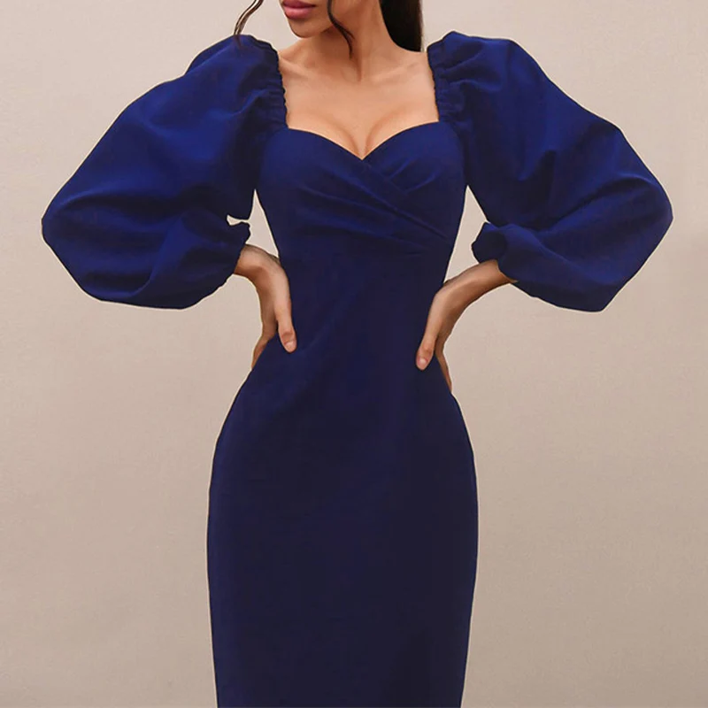 

Elegant Chic Women's Party Dress 2021 Spring High Waist Square Collar Midi Dresses Female 2021 New Fashion Office Lady Vestidos