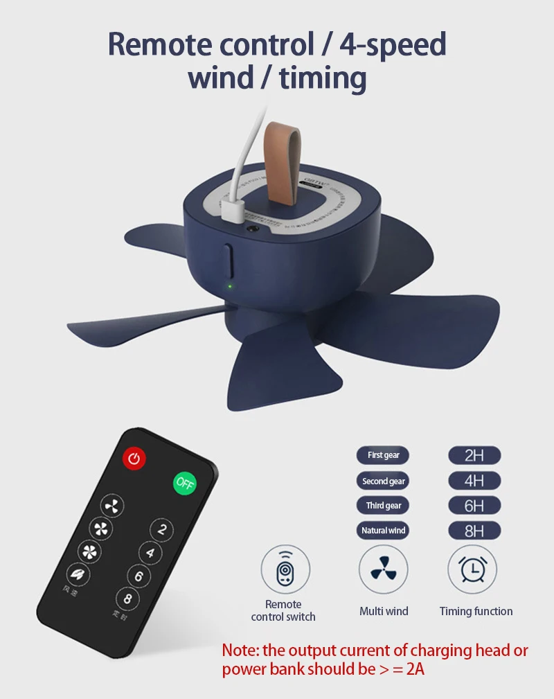 

USB Rechargeable 10000mAh Remote Control Timing 4 Gears Ceiling Fan Cooling Hanging Fan For Tent Bed Camping Outdoor Home Fan