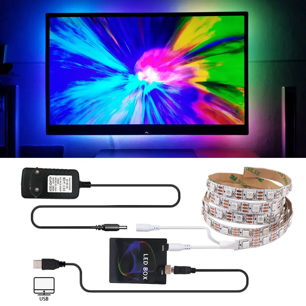 

5V WS2812B USB Светодиодные ленты SMD5050 RGB полный Цвет Светодиодная лента окружающей среды набор для телевизора для настольных ПК Экран фонового ос...