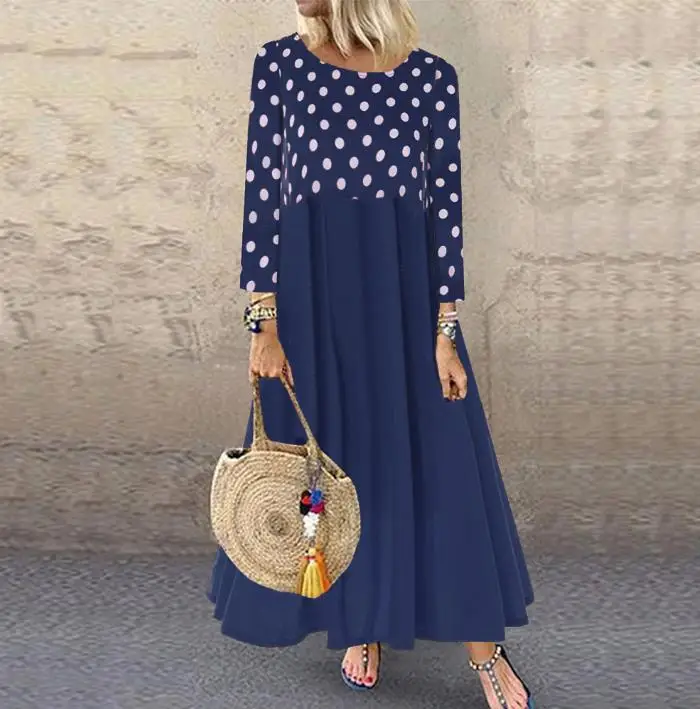 Женское винтажное платье Boho с длинным волнистым принтом рукавом и круглым