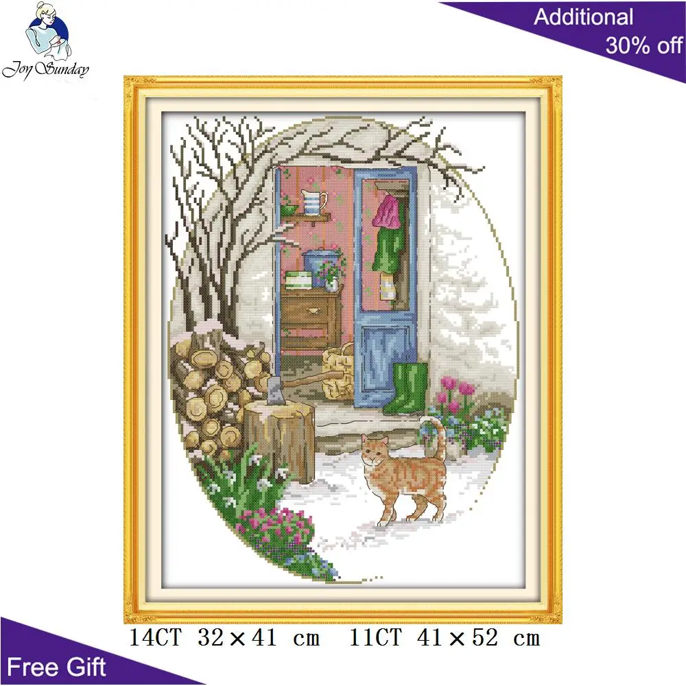 

Joy Sunday Cat In Front Of The Door Home Decoration DA566 14CT 11CT Counted Stamped Cats Handcraft Cross Stitch kits