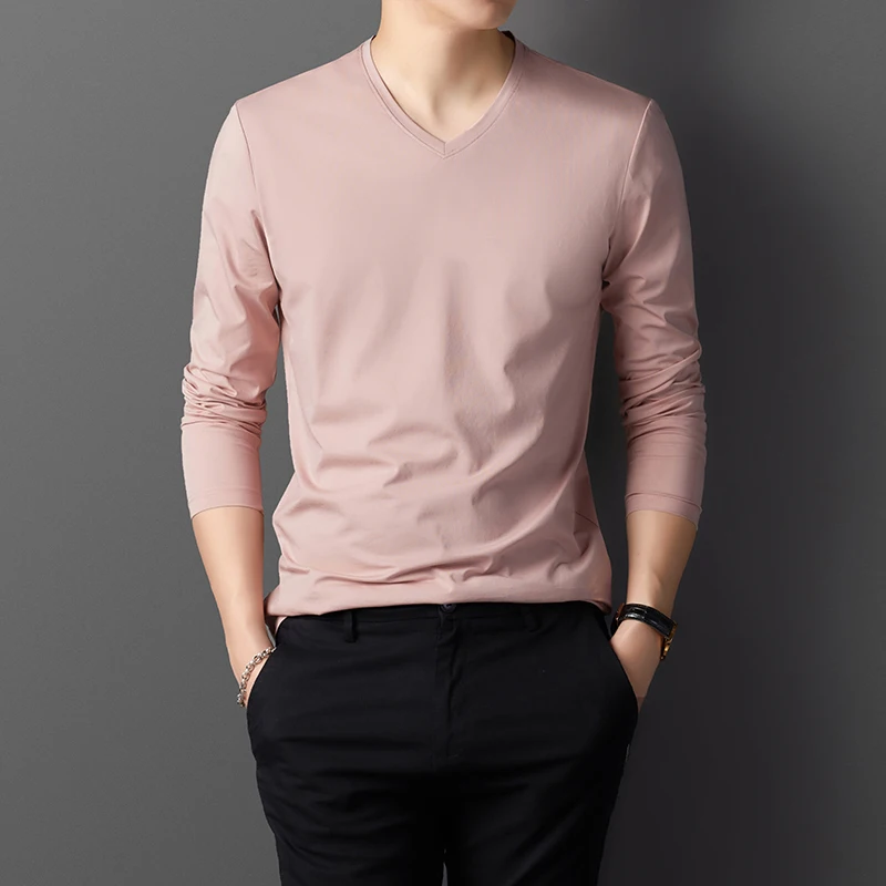 

2021 new spring and autumn V-neck long-sleeved T shirt men solid color cotton bottoming shirt FT8920-501