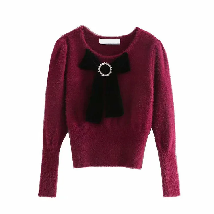 Women Long Sleeve Casual Warm Sweater Female Knit Jumpers Top Autumn Winter Bow Sexy Thick Sweater Pullovers O-Neck Full