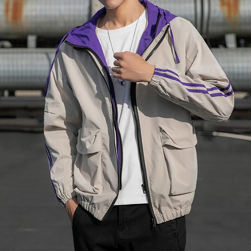 Мужская куртка 2019 Повседневная полосатая с имитацией двух частей капюшоном на