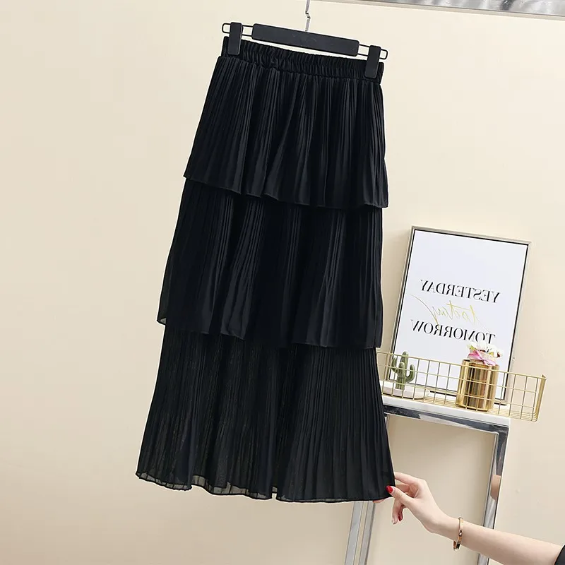 Весенне летняя однотонная белая черная многослойная шифоновая юбка Cakee Милая