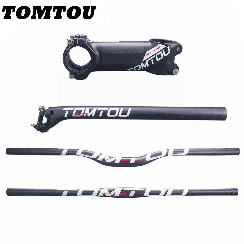 

TOMTOU Carbon Fiber Bike MTB Bars Sets Flat or Rise Handlebar + Stem + Seat Tube Bicycle Mountain Parts Matte White - TW4T18