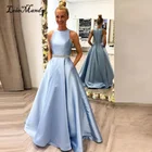 Блестящие атласные длинные платья для выпускного вечера с кристаллами 2022, светильник, голубое платье, женские вечерние платья для вечеринок, Vestidos de fiesta largos elegantes de gala