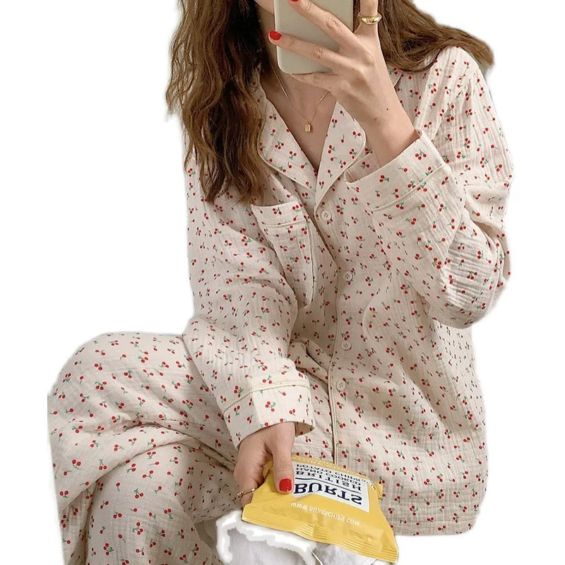 

Sweet Lovely Cherry Printed Loose Women's PajamasSpring Autumn Home Wear Pure Cotton Fashion Sleepwear Long Sleeve Home Clothes