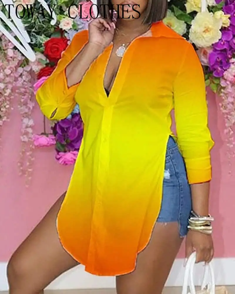 

Women Turn-down Collar Ombre Colorblock Long Sleeve Slit Shirt Blouse