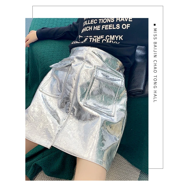 Girls skirt early autumn new bright face laser skirt was thin fashion foreign gas pocket A word skirt