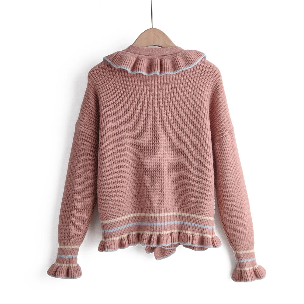 

Women Clothes 2019 Autumn and Winter Clothes Women V-neck Contrast Color Ruffle Cardigan Women Sweater Women Casaco Feminino