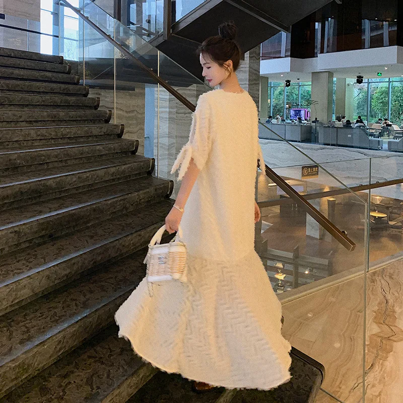 

LANMREM New Women's Midi Casual Dress Long Length Irregular Round Neck Temperament Loose Fit Fashion Summer 2021 2P1720